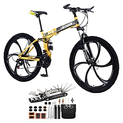 Folding Mountain Bike : 26 Inch Dual Disc Brakes Bicycle, 30 Speed 6 Knife Wheels Folding Mountain Bike With Dual Shock Absorbers And Full Suspension MTB Foldable Frame Tool Accessories ( Color : Yellow , Speed : 21speed )