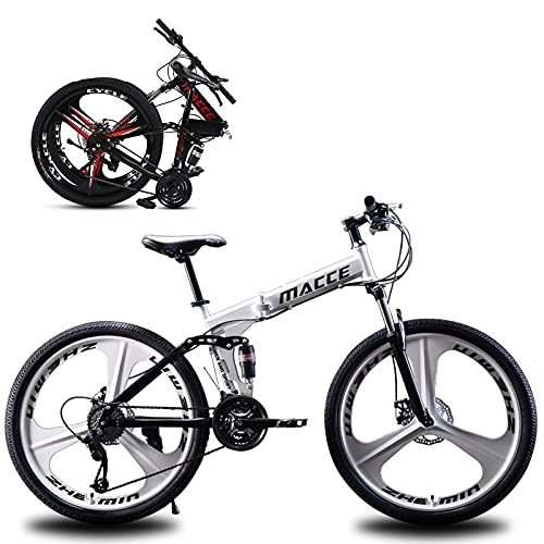 Folding Mountain Bike : 26 Inch Folding Mountain Bike, 21 / 24 / 27 Speed MTB, 3-Spoke Anti-Slip Bicycle, Magnesium-Aluminum Alloy Wind Breaking Wheel, Suitable for People With a Height of 160- White-24sp