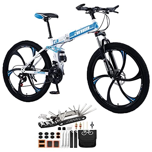 Folding Mountain Bike : 26 Inch Folding Mountain Bike, 21-30 Speed 6 Knife Wheels With Dual Shock Absorbers And Dual Disc Brakes Bicycle Full Suspension MTB Foldable Frame Tool Accessories ( Color : Blue , Speed : 24speed )