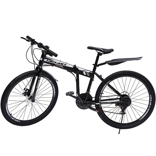 Folding Mountain Bike : 26 Inch Folding Mountain Bike 21 Speeds - Adult Mountain Bike Disc Brake Full Suspension MTB Bike Carbon Steel Frame 120kg Load Height Adjustable for Mens, Black (Folding Size :95*35*100cm)