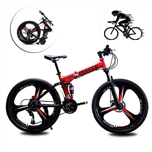 Folding Mountain Bike : 26 Inch Folding Mountain Bike For Adult, Lightweight Aluminum Frame Fully Suspention Road Bikes Front And Rear Mechanical Disc Brakes, With Suspension Fork Disc Brake fengong (Color : Red)