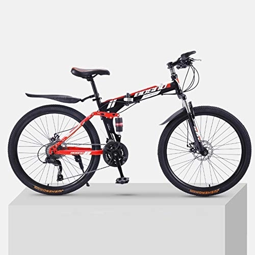Folding Mountain Bike : 26-Inch Folding Mountain Bike, Full Suspension Bike, High Carbon Steel Frame, Double Disc Brakes, PVC Pedals And Rubber Grips, Red 21 shift