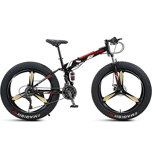 Folding Mountain Bike : 26 Inch Folding Mountain Bike with Full Suspension High Carbon Steel Frame, Mens Fat Tire Mountain Bik with 7 / 21 / 24 / 27 / 30 Speed, Double Disc Brake and 4-Inch Wide Knobby Tires