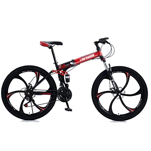 Folding Mountain Bike : 26 Inch Full Suspension Folding Mountain Bike, Professional 21 / 24 / 27 / 30 Speed High-Tensile Carbon Steel Frame MTB, Mountain Bicycle for Men and Women Black red-27speed