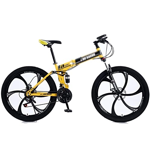 Folding Mountain Bike : 26 Inch Full Suspension Folding Mountain Bike, Professional 21 / 24 / 27 / 30 Speed High-Tensile Carbon Steel Frame MTB, Mountain Bicycle for Men and Women yellow-21speed