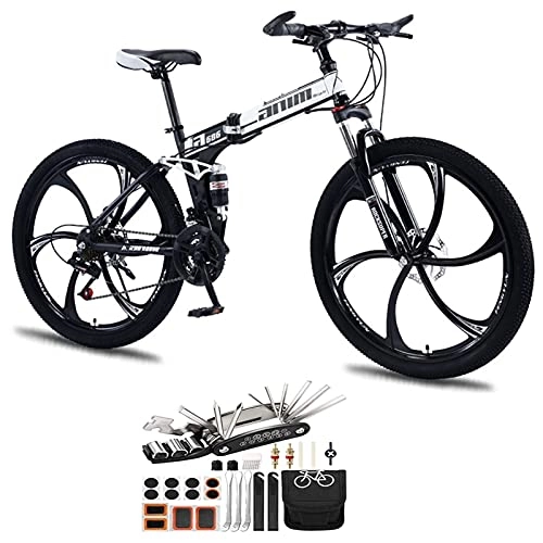 Folding Mountain Bike : 26 Inch Full Suspension MTB Foldable Frame Folding Mountain Bike 21-30 Speed 6 Knife Wheels With Dual Shock Absorbers And Dual Disc Brakes Bicycle Tool Accessories ( Color : Black , Speed : 30speed )