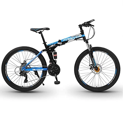 Folding Mountain Bike : 26-Inch Mountain Bike, Folding Bicycle With Bicycle Front Bag / water Bottle Holder / flashlight Men Women Portable Bicycle, 21 / 24 / 27 / 30 Speed Front And Rear Double Shock Absorber(Size:24 speed , Color:Blue)