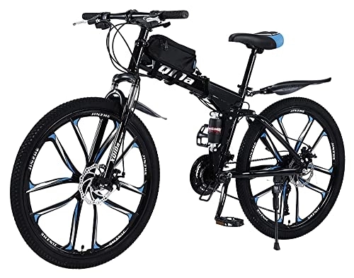 Folding Mountain Bike : 26 inch mountain bike, folding bike for adults, 27 speed double disc brake, full suspension, anti-slip, lightweight frame with bicycle bag, suitable for men's and women's bikes