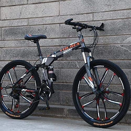 Folding Mountain Bike : 26 Inch Mountain Bike Folding for Men And Women, Dual Full Suspension Bicycle High Carbon Steel Frame, Steel Disc Brake, Aluminum Alloy Wheel (Color : Grey, Size : 24 speed)