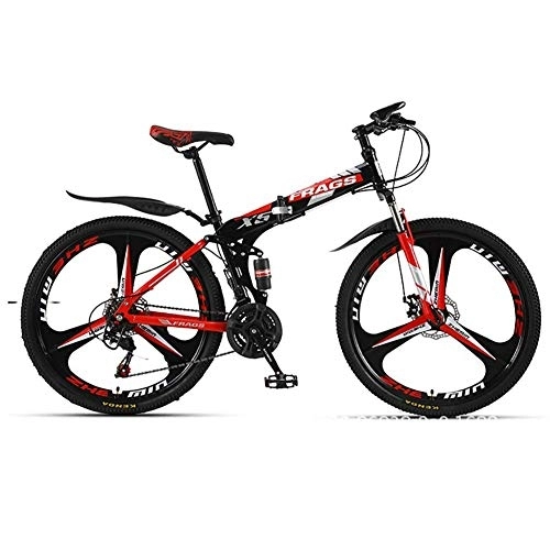 Folding Mountain Bike : 26 Inch Mountain Trail Bike, High Carbon Steel Full Suspension Frame Folding Bicycles, 21 Speed Dual Disc Brakes, Mountain Bicycle (Color : Black Red) fengong