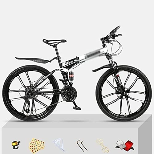 Folding Mountain Bike : 26 Inch Wheel Front Suspension Mens Mountain Bike Folding Carbon Steel Frame 21 / 24 / 27 Speeds Double Disc Brake For Boys Girls Men And Wome(Size:24 Speed, Color:White)