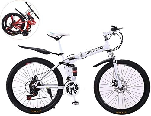 Folding Mountain Bike : 26 Inches Double Shock Absorption Foldable Bicycle, Unisex High-Carbon Steel Variable Speed Mountain Bike 6-11, White, 26in (27 Speed) fengong (Color : White)