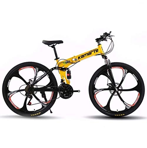 Folding Mountain Bike : 26 Inches Wheels Dual Suspension Bike, Variable Speed City Road Bicycle Hardtail Mountain Bikes Yellow 21 Speed