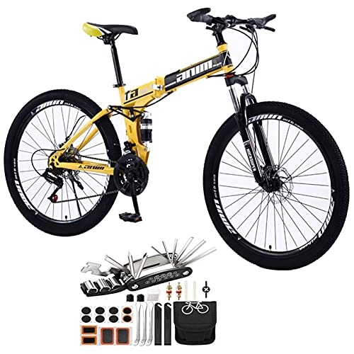 Folding Mountain Bike : 26in Adult Fat Tire Snow Mountain Trail Bike Folding Mountain Bike, 21-30 Speed MTB Spoke Wheel Mountain Bicycles With Disc Brakes Full Suspension Tool Accessories ( Color : Yellow , Speed : 24speed )