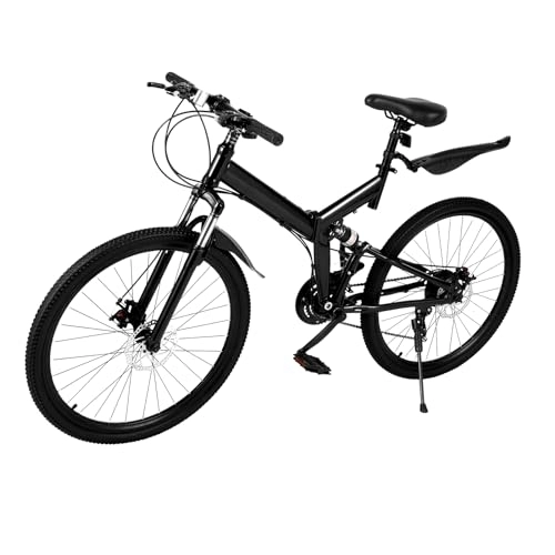 Folding Mountain Bike : 26in Folding Bike 21-speed Mountain Bike, Carbon Steel Foldable Bike for Adults with Dual Disc Brake, Portable Mountain Bike with Mudguards, Adjustment Height, 120kg Bearing Capacity