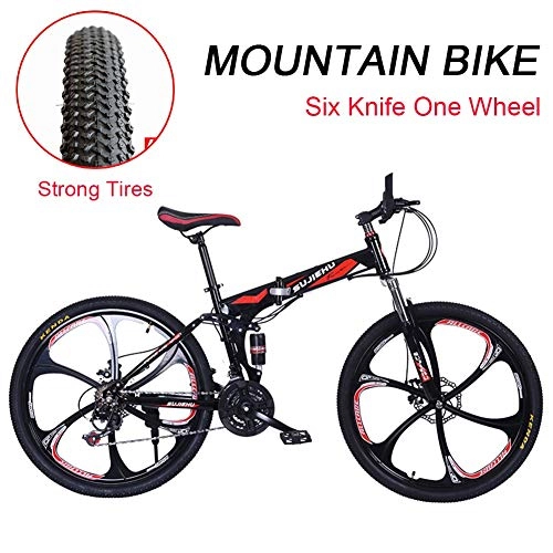 Folding Mountain Bike : 26in Folding Mountain Bike 24 Speed Bicycle Full Suspension MTB Bikes Adjustable Seat High Carbon Steel Frame, Men And Womens Outdoor Cycling Fitness Equipment ( Color : Black red , Size : 26inch )