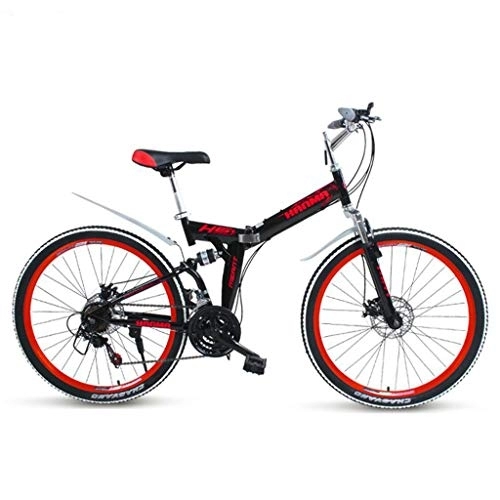 Folding Mountain Bike : 26inch Mountain Bike, Foldable Hardtail Bicycles, Steel Frame, Dual Disc Brake and Double Suspension (Color : Black+Red, Size : 27 Speed)
