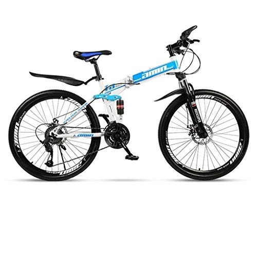 Folding Mountain Bike : 26inch Mountain Bike, Folding Hardtail Bicycles, Carbon Steel Frame, Dual Disc Brake and Full Suspension (Color : Blue, Size : 21 Speed)