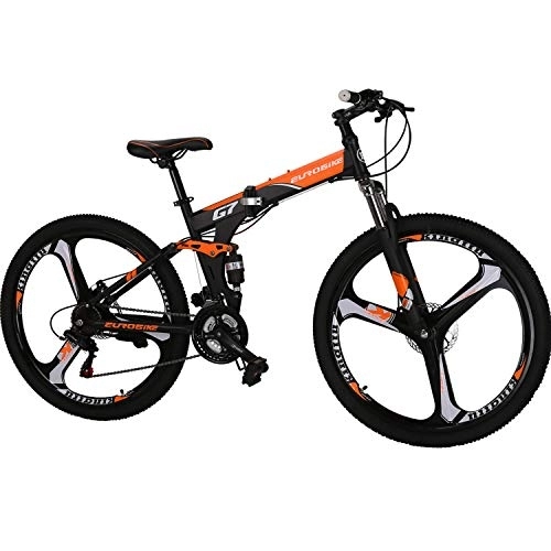 Folding Mountain Bike : 27.5 inches Full Suspension Folding Mountain Bike 21 Speed Foldable Bicycle Men or Women MTB for Afult (Orange 1)