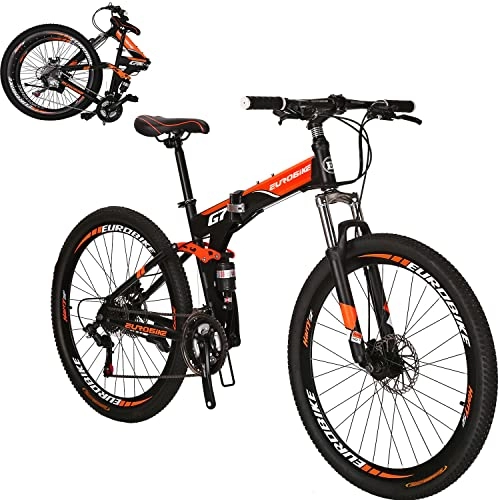 Folding Mountain Bike : 27.5 inches Full Suspension Folding Mountain Bike 21 Speed Foldable Bicycle Men or Women MTB for Afult (Orange 2)