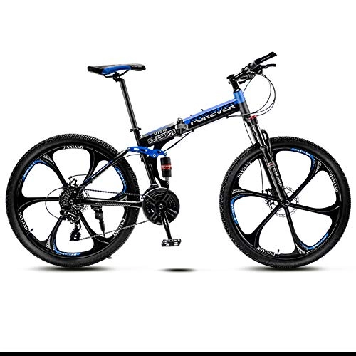 Folding Mountain Bike : 27 Variable Speed Six Cutter Wheel Adult Off-Road Mountain Bike Men And Women Bicycle Folding Variable Speed Double Shock Absorber Student Racing, Black And Blue, 24