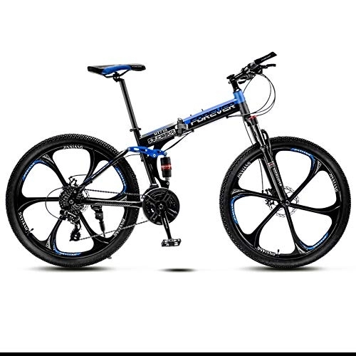 Folding Mountain Bike : 27 Variable Speed Six Cutter Wheel Adult Off-Road Mountain Bike Men And Women Bicycle Folding Variable Speed Double Shock Absorber Student Racing, Black And Blue, 26