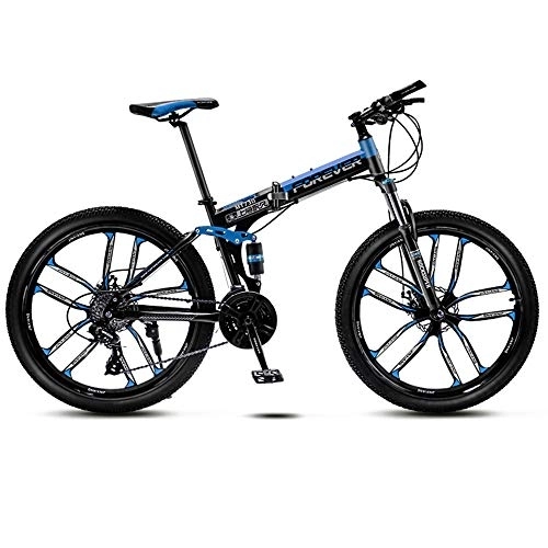Folding Mountain Bike : 27 Variable Speed Ten Cutter Wheel Adult Off-Road Mountain Bike Men And Women Bicycle Folding Variable Speed Double Shock Absorber Student Racing, Black And Blue, 26