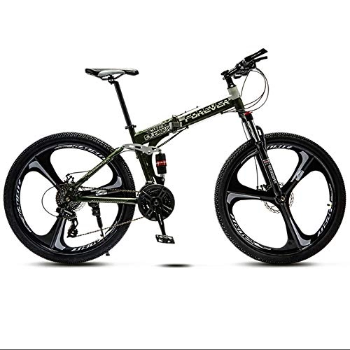 Folding Mountain Bike : 27 Variable Three Cutter Wheel Speed Adult Off-Road Mountain Bike Men And Women Bicycle Folding Variable Speed Double Shock Absorber Student Racing, Army Green, 24
