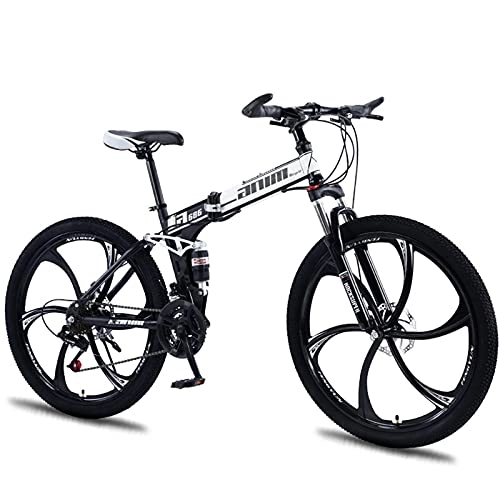 Folding Mountain Bike : 6 Knife Integrated Wheel Folding Mountain Bike, 26-Inch Spoke Wheel, 21 / 24 / 27 / 30 Speed, Disc Brake, Multiple Colors. (Top Configuration), Black And White, 27 speed