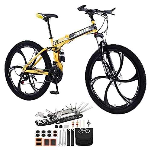Folding Mountain Bike : 6 Knife Wheels 26 Inch Full Suspension MTB Foldable Frame, Folding Mountain Bike 21 Speed With Dual Shock Absorbers And Dual Disc Brakes Bicycle Tool Accessories ( Color : Yellow , Speed : 27speed )
