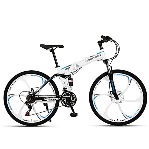 Folding Mountain Bike : Adult Foldable Mountain Bike Full Suspension Dual Disc Brakes Mountain Bike 26-Inch Wheels，21 / 24 / 27 Speed Drivetrain，soft Tail Frame，Hydraulic Disc Brakes，Adjustabl white blue-21
