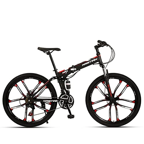 Folding Mountain Bike : Adult Folding Mountain Bike Full Suspension Dual Disc Brakes Mountain Bike ，21 / 24 / 27 Speed Drivetrain，26-Inch Wheels，soft Tail Frame，Hydraulic Disc Brakes，Adjustable black red-21