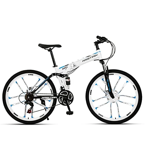 Folding Mountain Bike : Adult Folding Mountain Bike Full Suspension Dual Disc Brakes Mountain Bike ，21 / 24 / 27 Speed Drivetrain，26-Inch Wheels，soft Tail Frame，Hydraulic Disc Brakes，Adjustable white blue-21