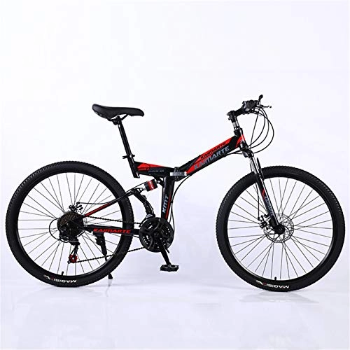 Folding Mountain Bike : Adult Folding Mountain Bike, Full Suspension Mountain Bike, Road Bike, MTB, Double Disc Brake Bicycle, Variable Speed Bicycle, Folding Outroad Bicycle-Black And Red 162x91cm(64x36inch)