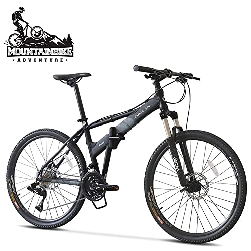 Folding Mountain Bike : Adult Folding Mountain Bikes 26 Inch with Front Suspension for Men / Women, 27 Speed Hardtail Mountain Trail Bicycle, Adjustable Seat & Mechanical Dual Disc Brakes, Black