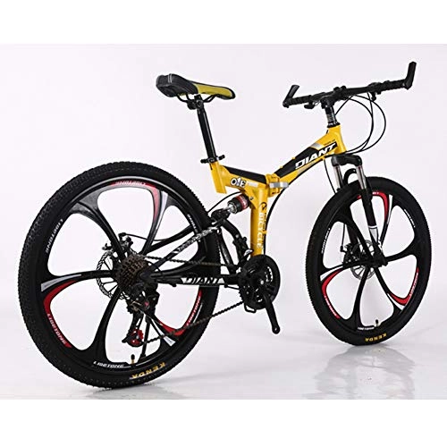 Folding Mountain Bike : Adult Men's Mountain Bikes / with 6 Cutter Wheel 26 Inch / Mountain Trail Bike High Carbon Steel Full Suspension Frame Bicycles 21 Speed Gears Mountain Bicycle Aluminum Racing-yellow-24inch2