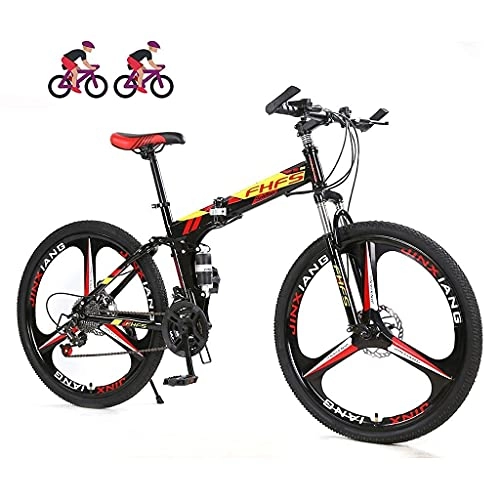 Folding Mountain Bike : Adult Mountain Bike， 24 Inch Wheels， Mountain Trail Bike High Carbon Steel Folding Outroad Bicycles， 21 / 24 / 27 Speed Bicycle Full Suspension MTB Gears Dual Disc Brakes fengong (Color : Colorful Red)