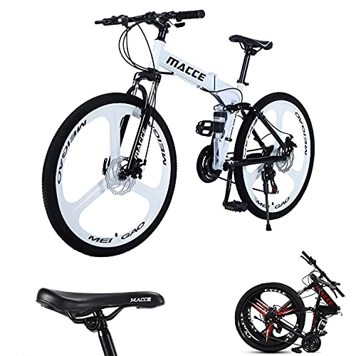 Folding Mountain Bike : Adult Mountain Bike, 26-Inch 3 Spoke Wheels, Folding Mountain Bicycle Bike for Mens Womens, 27 Speed Dual Disc Brake Mountain Bicycle, Lightweight Strong Steel Frame, Multiple Colours (white)