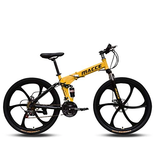 Folding Mountain Bike : Adult Mountain Bike, 26 inch Wheels, Mountain Trail Bike High Carbon Steel Folding Outroad Bicycles, 21-Speed Bicycle Full Suspension MTB Gears Dual Disc Brakes Mountain Bicycle (Yellow)