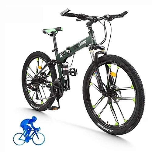 Folding Mountain Bike : Adult Mountain Bike, 26 Inch Wheels, Mountain Trail Bike High Carbon Steel Folding Outroad Bicycles, 24-Speed Bicycle Full Suspension MTB Gears Dual Disc Brakes Mountain Bicycle (Color : Green) feng