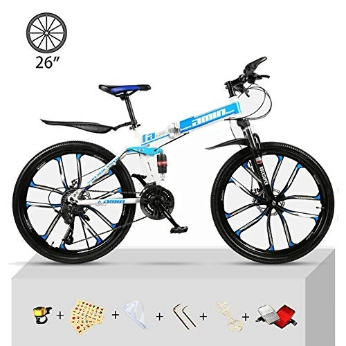 Folding Mountain Bike : Adult Mountain Bike, Carbon Steel Mountain Bike 26-Inch 21-Speed Bicycle Full Suspension Double Disc Brake Mountain Bike, Male and Female Youth Off-Road, Blue