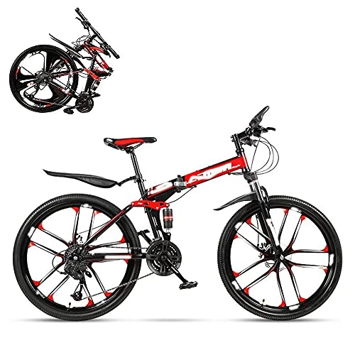 Folding Mountain Bike : Adult mountain bike- Folding adult bicycle, 24-inch hydraulic shock off-road racing, lockable U-shaped fork, double Shock Absorption, 21 / 24 / 27 / 30 Speed (Color : Red, Size : 21)