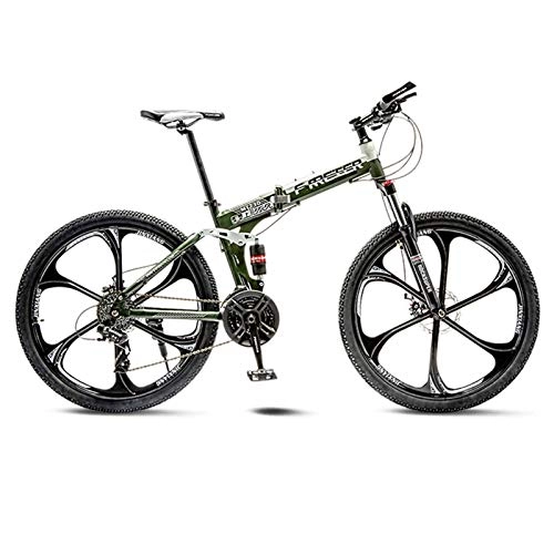 Folding Mountain Bike : Adult Mountain Bike, Full Suspension Folding Bicycle, 26 Inch Variable Speed Dual Disc Brakes Student Bike Portable Easy Install-21Speed-Green A