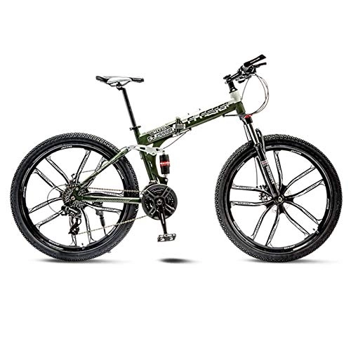 Folding Mountain Bike : Adult Mountain Bike, Full Suspension Folding Bicycle, 26 Inch Variable Speed Dual Disc Brakes Student Bike Portable Easy Install-30Speed-Green B
