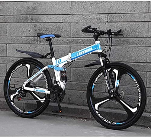 Folding Mountain Bike : Adult mountain bike- Mountain Bike Folding Bikes, 26In 21-Speed Double Disc Brake Full Suspension Anti-Slip, Lightweight Aluminum Frame, Suspension Fork, Blue, B