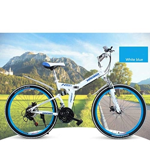 Folding Mountain Bike : Adult Mountain Bikes 24 / 26 Inch Mountain Trail Bike High Carbon Steel Full Suspension Frame Folding Bicycles 21 Speed ​​Gears Disc Brakes Mountain Bicycle ( Color : Blue White , Size : 24inch )