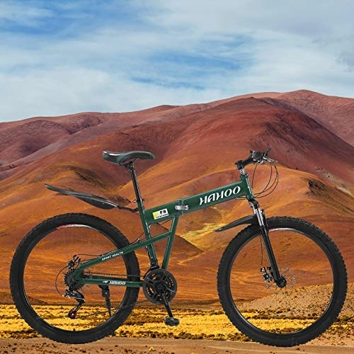 Folding Mountain Bike : Adult Road Racing Bike 26 inch Folding Mountain Bike, 21 Speed Carbon Steel Mountain Bicycle for Adults, Non-Slip Bike, Full Suspension Disc Brake Outdoor (Green)