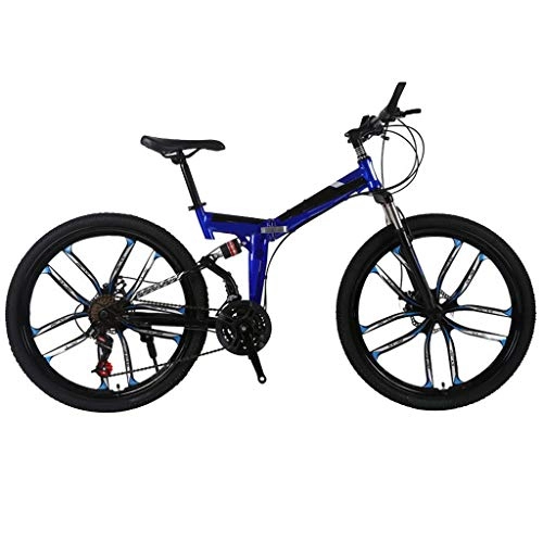 Folding Mountain Bike : Adult Teens Mountain Bikes, 26 Inch Mountain Trail Bike High Carbon Steel Full Suspension Frame Bicycles 21 Speed Gears Mountain Bicycle Aluminum Racing Outdoor Cycling MTB Bikes (Blue)