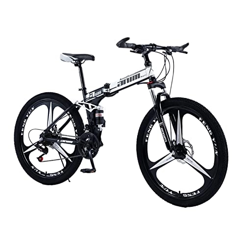 Folding Mountain Bike : Adults Foldable Mountain Bike Full Suspension High-Carbon Steel MTB Bicycle， Mechanical Dual Disc Brake Non-Slip，21 / 24 / 27 / 30 Speed Optional，26 Inch Wheels 3-Spoke，M black white-21