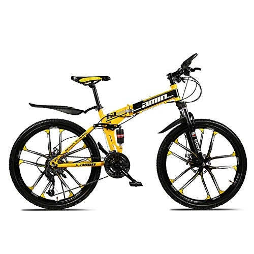 Folding Mountain Bike : Adults Folding Mountain Bike 24 / 26 Inch High Carbon Soft Tail Bicycle 21 / 24 / 27 / 30 Speeds Dual Disc Brakes Off-road Shock Absorber Bicycle, Yellow, 24 Inch 30S